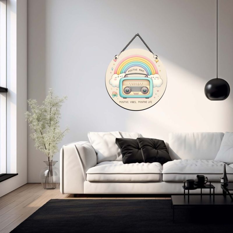 Retro Radio Theme Wall Art with Hanging Chain, Positive Vibes Quote Wall Art for Bedroom and Study Room, Unique Gift, Office Wall Decoration Items Multicolor